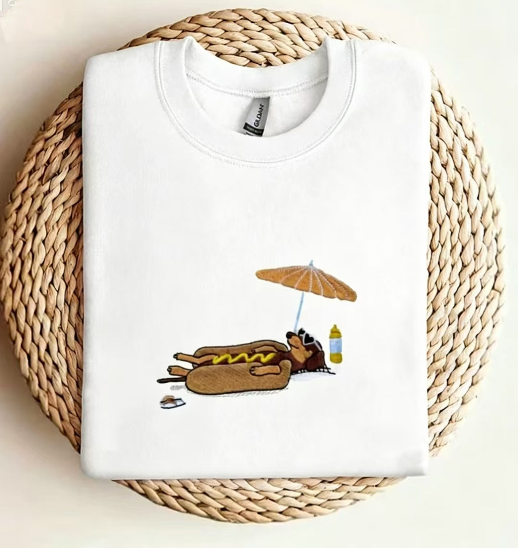 🌭 Lazy Hot Dog Dog Embroidered T-Shirt | Fun Summer Tee | Multiple Colors