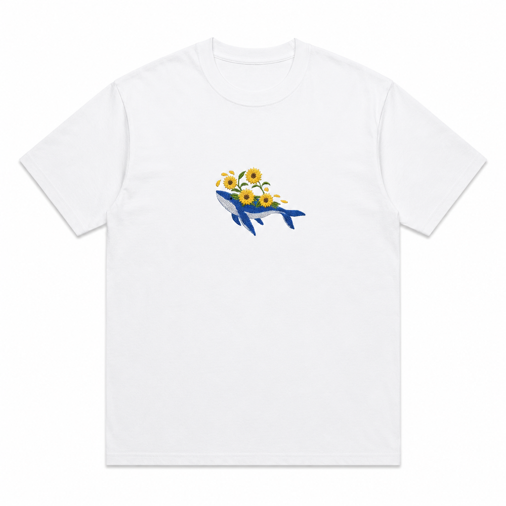 Embroidered Whale & Sunflower T-Shirt – Minimalist Nature Graphic Tee/Sweatshirt/Hoodie