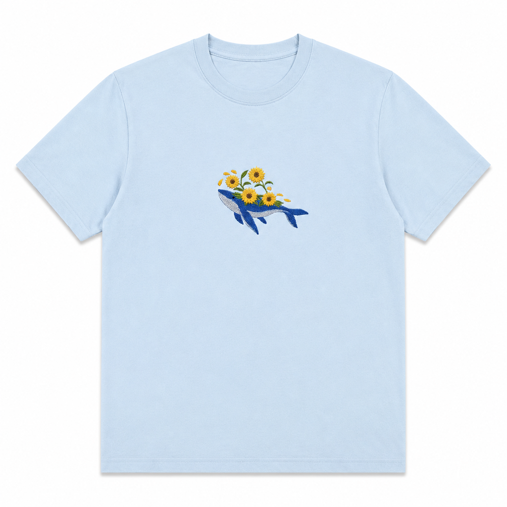 Embroidered Whale & Sunflower T-Shirt – Minimalist Nature Graphic Tee/Sweatshirt/Hoodie