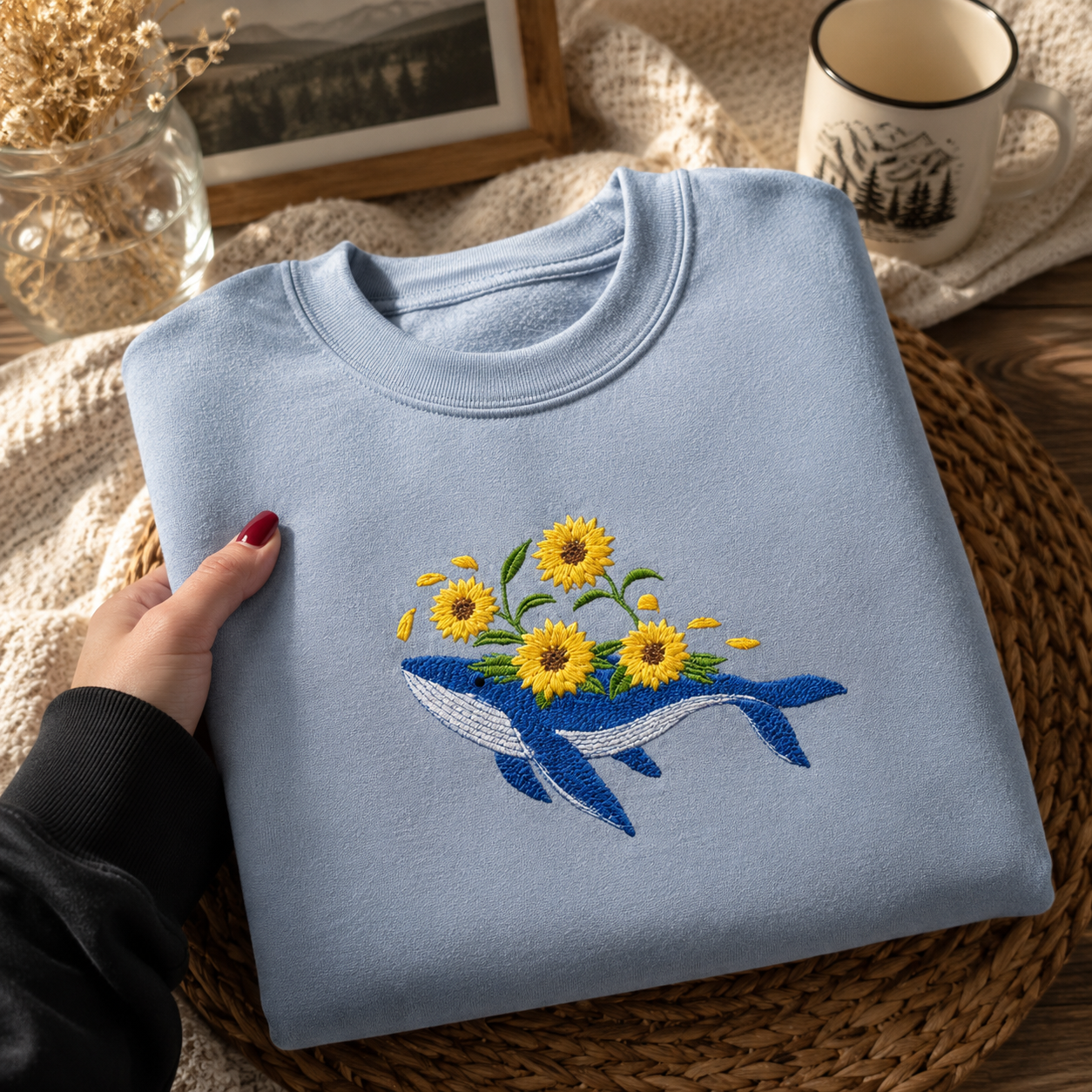 Embroidered Whale & Sunflower T-Shirt – Minimalist Nature Graphic Tee/Sweatshirt/Hoodie