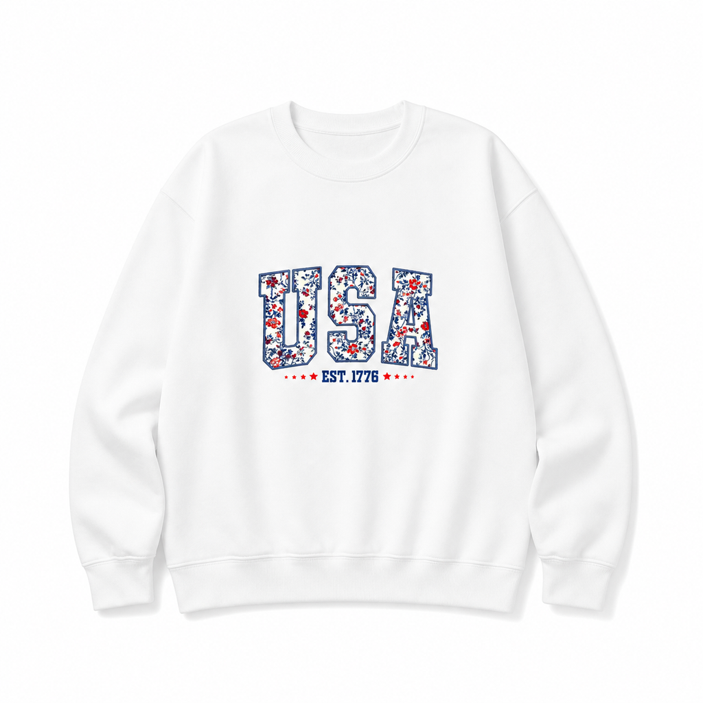 Comfort Colors Floral USA Embroidery Shirt,4th Of July Retro America Shirt/Sweatshirt/Hoodie