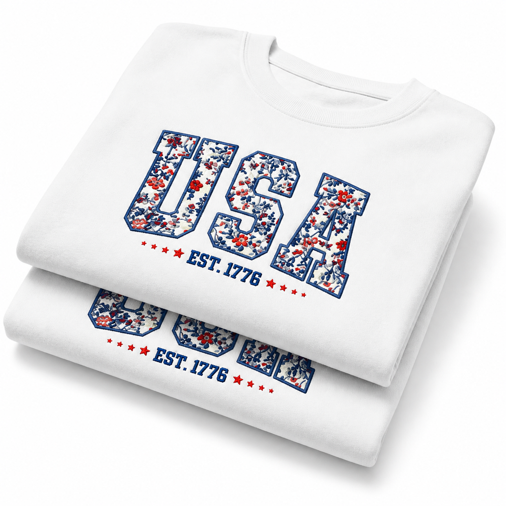 Comfort Colors Floral USA Embroidery Shirt,4th Of July Retro America Shirt/Sweatshirt/Hoodie