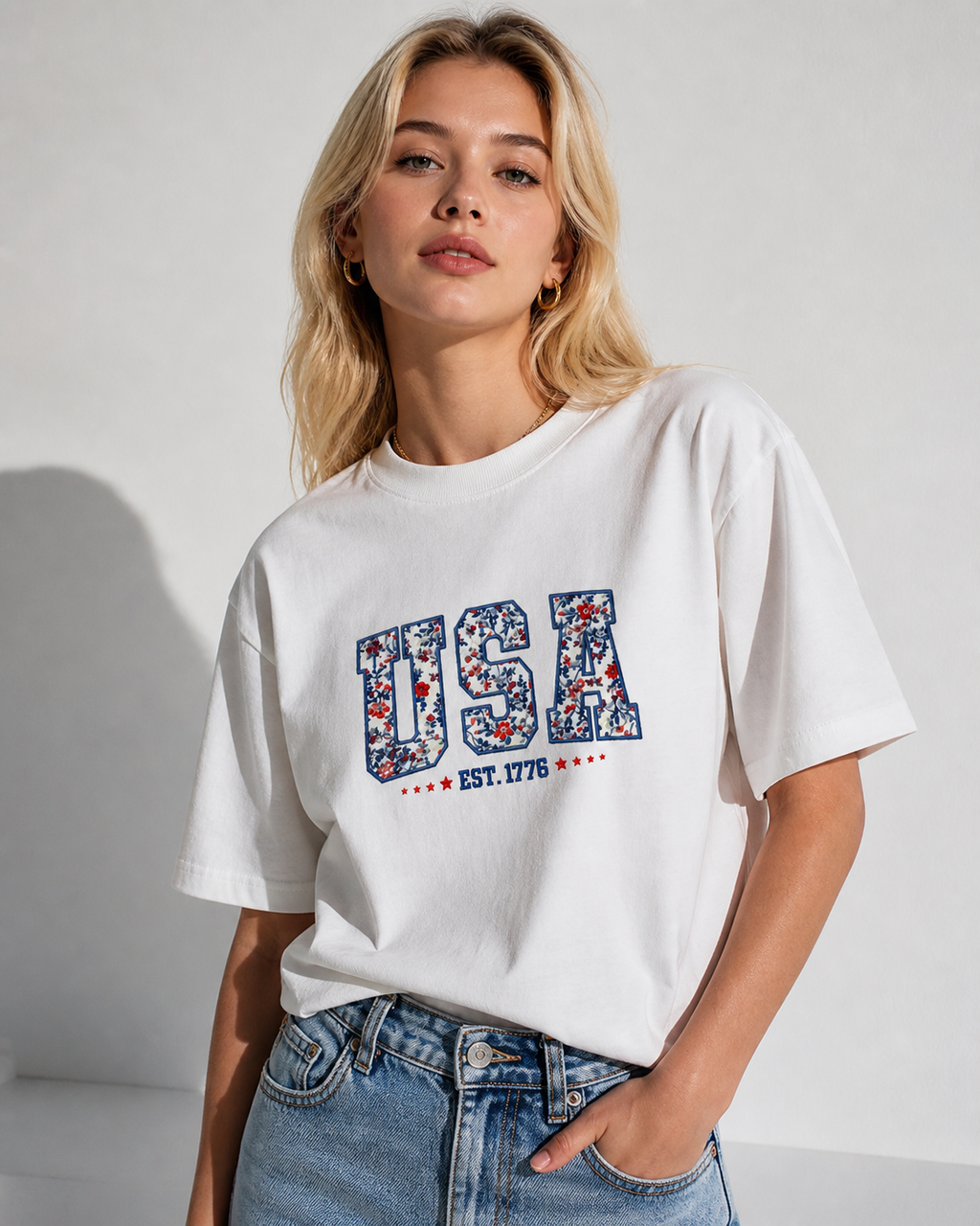 Comfort Colors Floral USA Embroidery Shirt,4th Of July Retro America Shirt/Sweatshirt/Hoodie