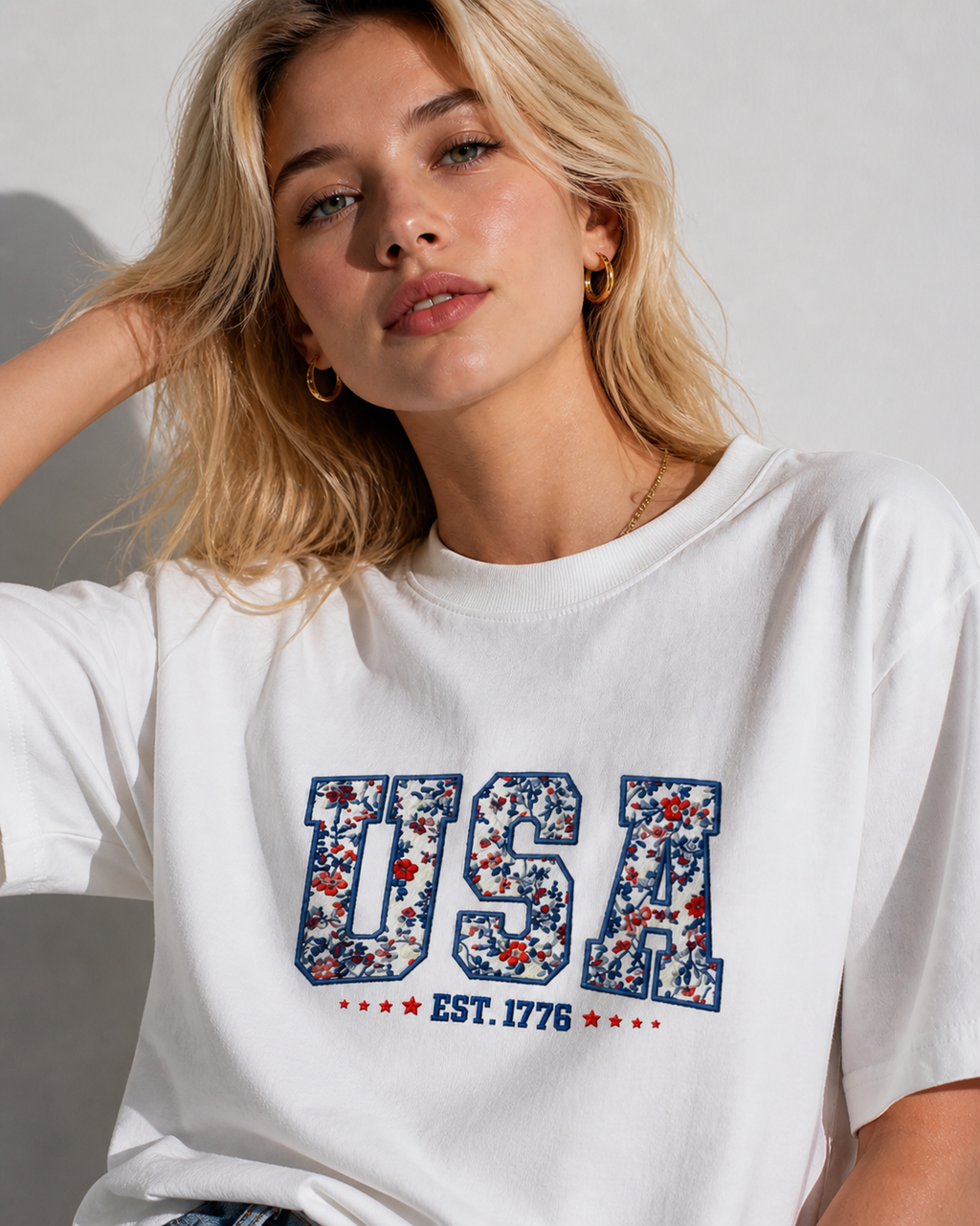 Comfort Colors Floral USA Embroidery Shirt,4th Of July Retro America Shirt/Sweatshirt/Hoodie