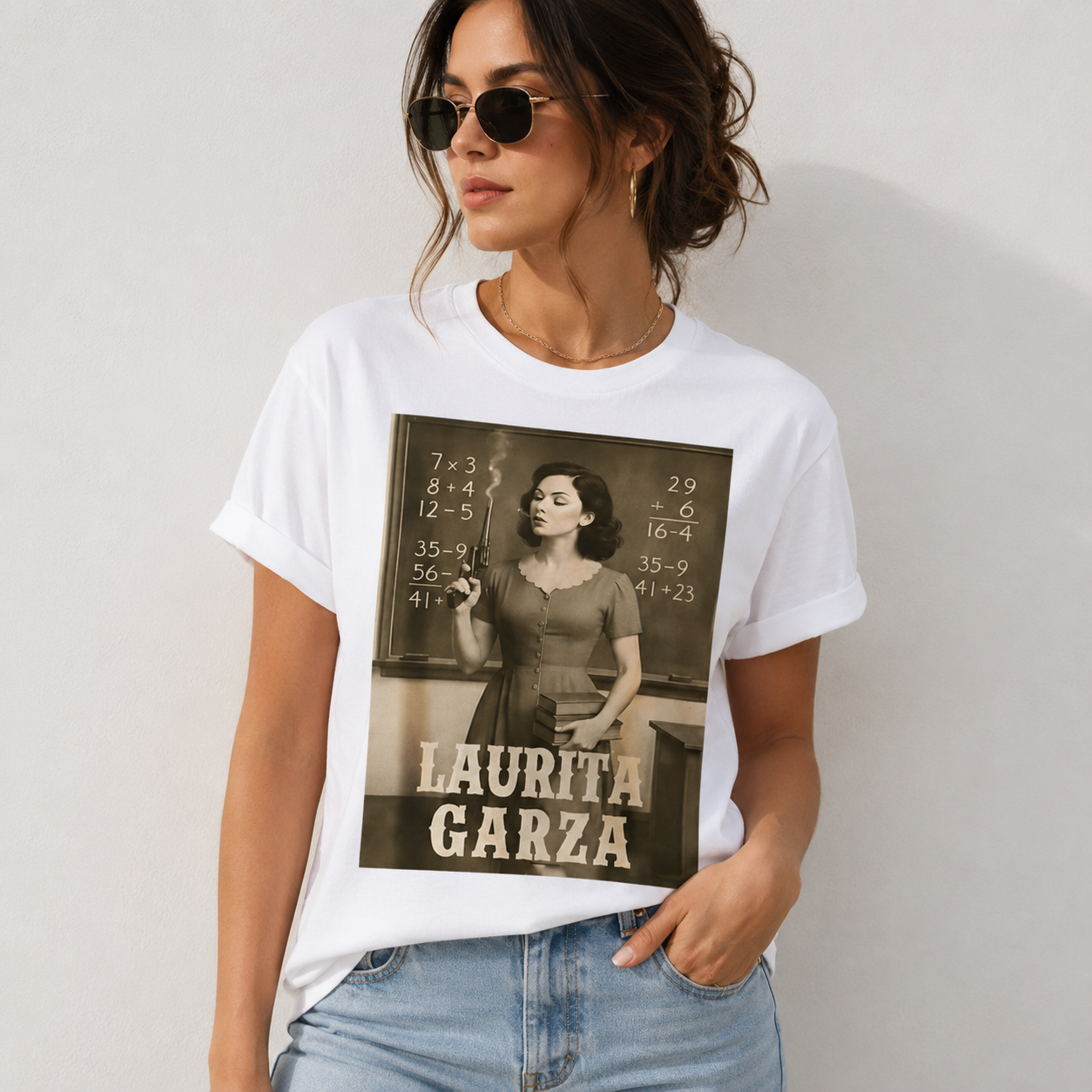 Laurita Garza Vintage Teacher Smoking Math Classroom Print cotton T-shirt