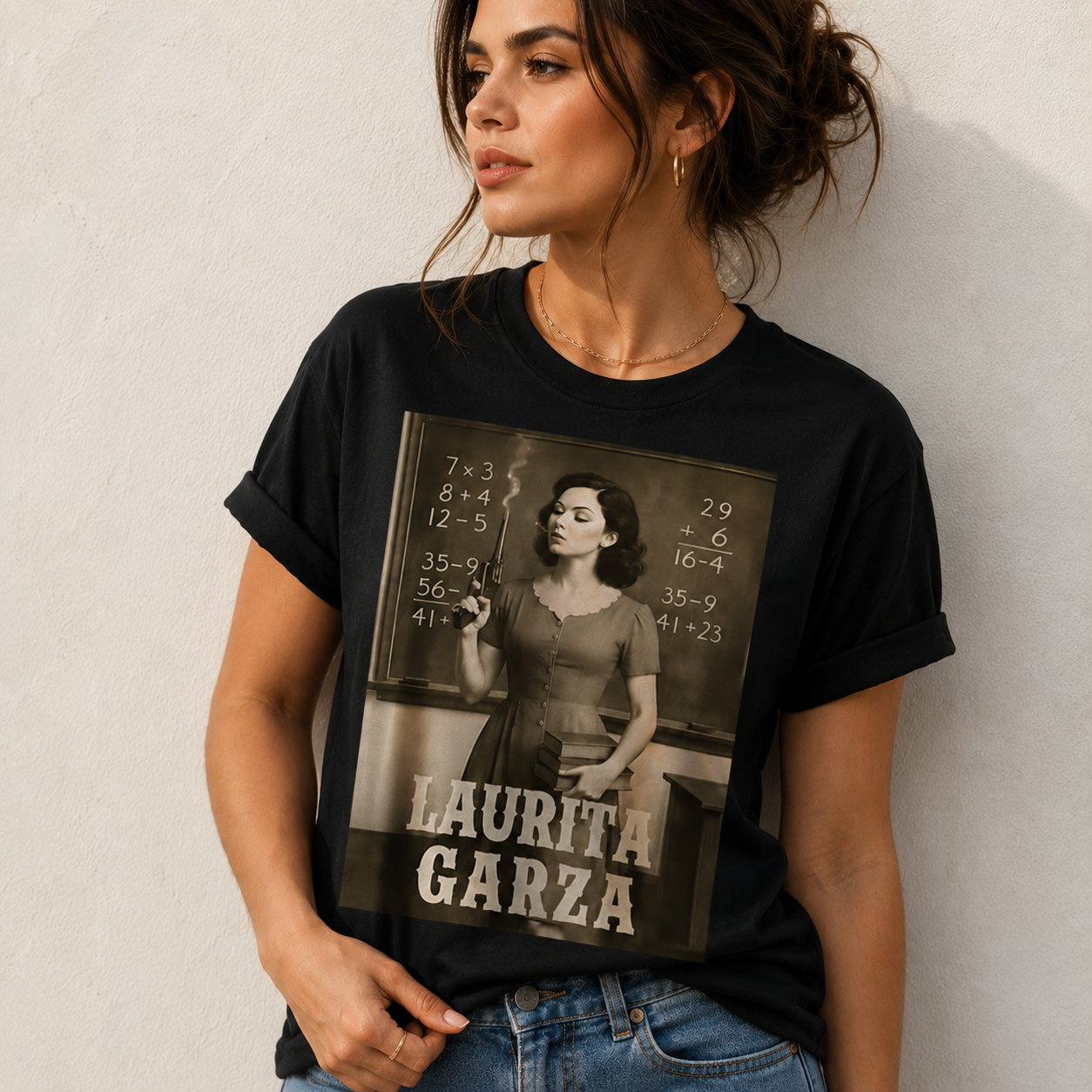 Laurita Garza Vintage Teacher Smoking Math Classroom Print cotton T-shirt