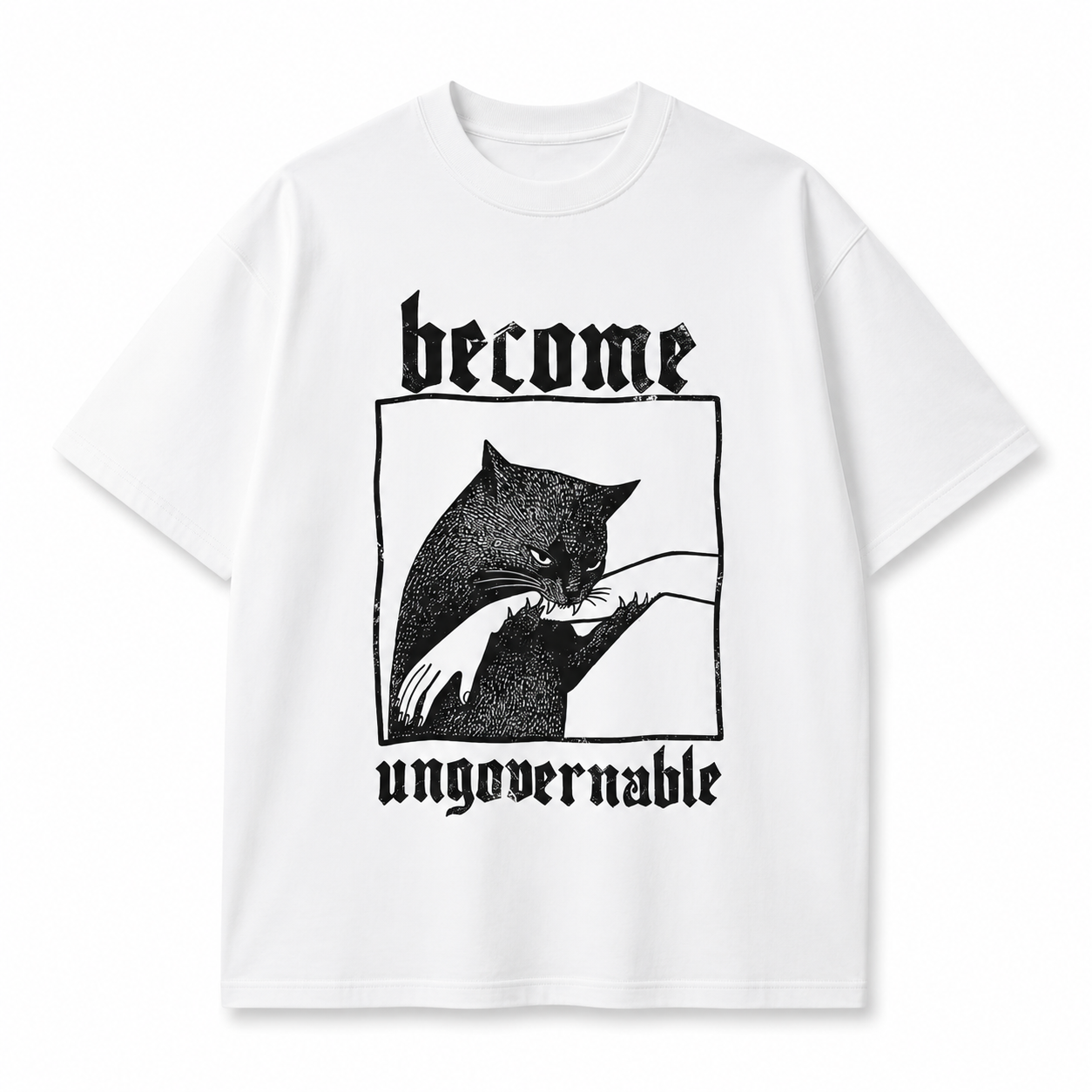Become Ungovernable Funny Graphic Cat Biting Hand T-shirt