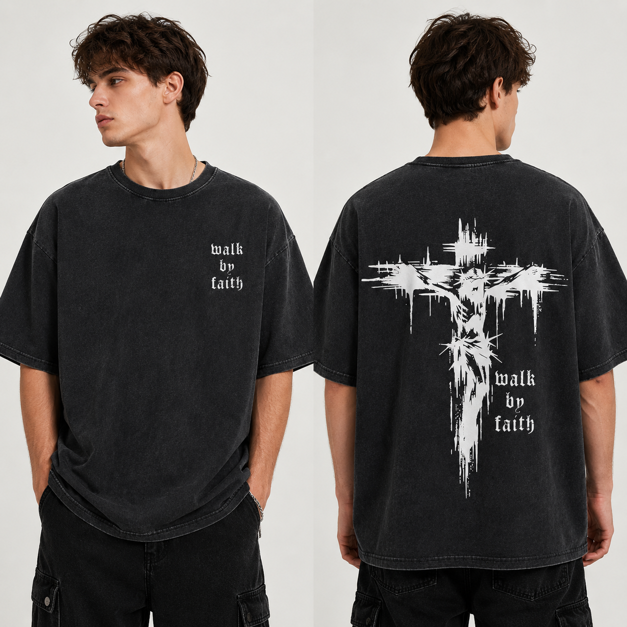 Faith Over Fear Slogan Print Washed Distressed Short Sleeve Tee