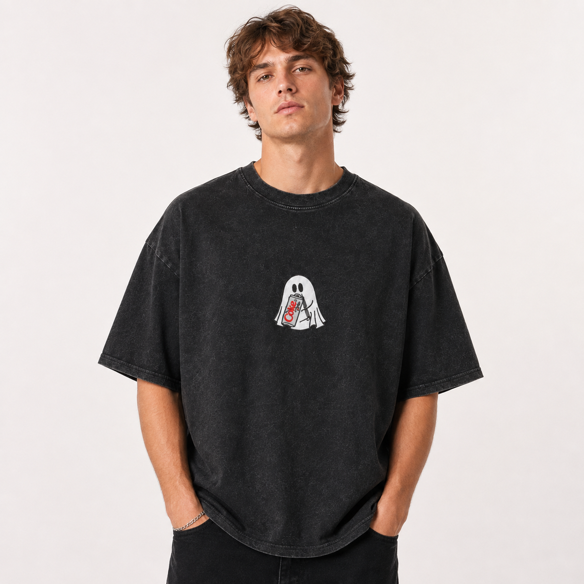 Cute Ghost Holding Soda Vintage Washed Oversized T-Shirt