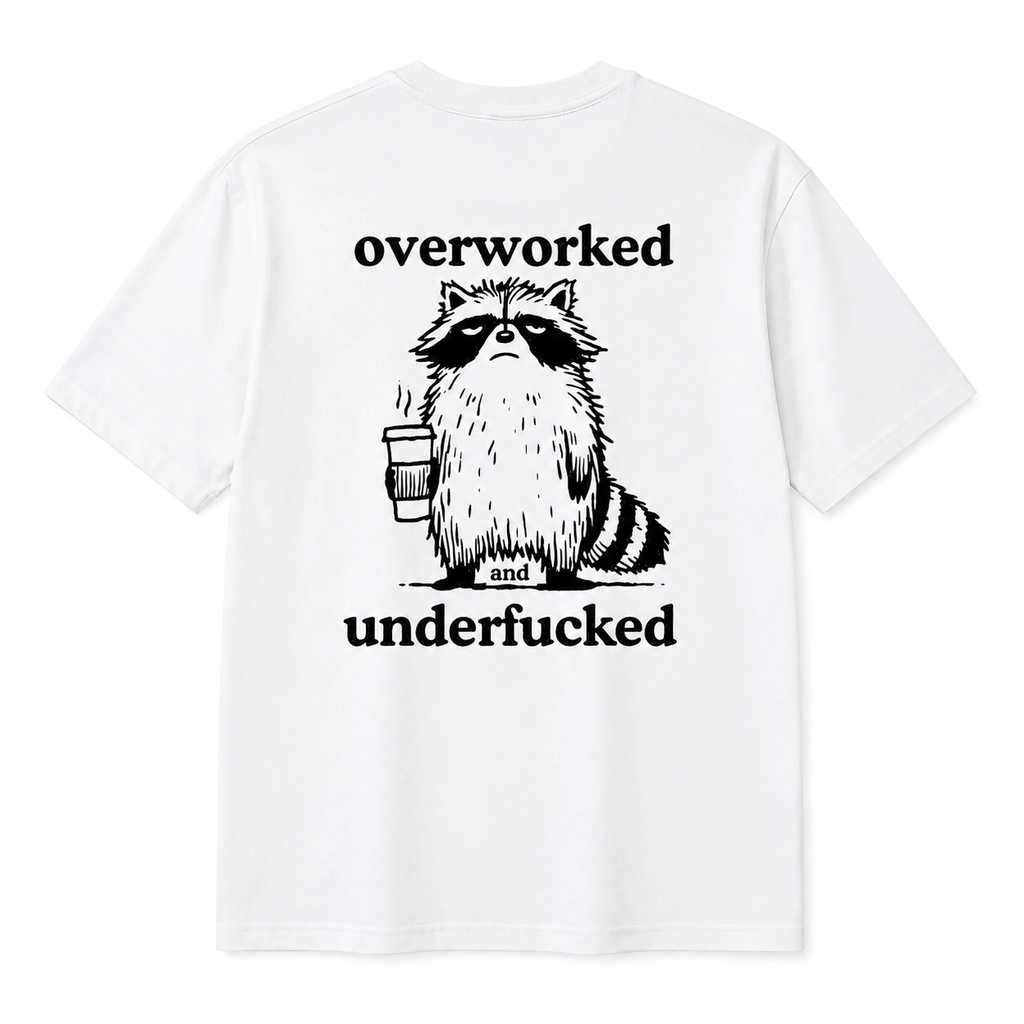 Funny Overworked Raccoon Graphic T-Shirt | Unisex Coffee Lover Humor Tee