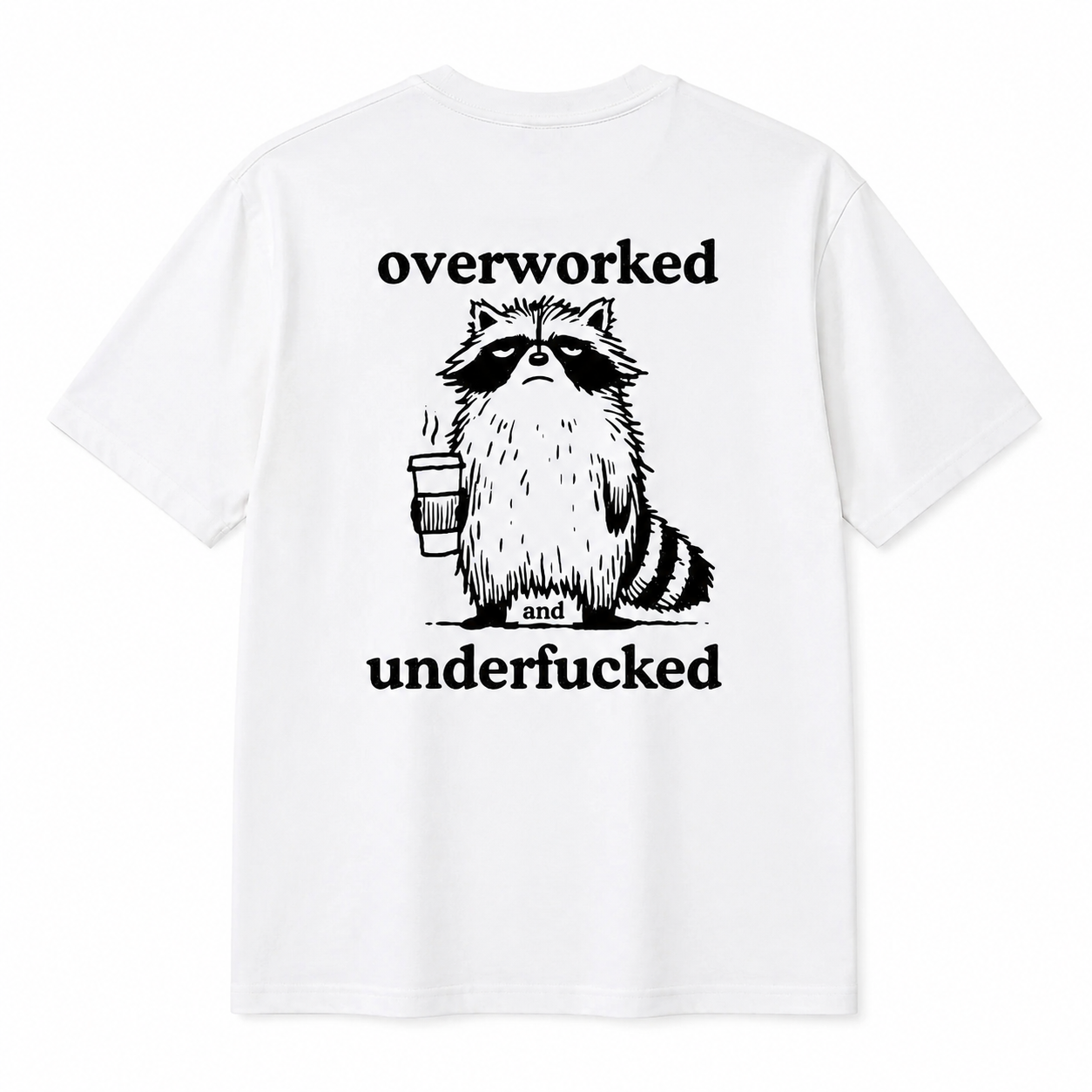 Funny Overworked Raccoon Graphic T-Shirt | Unisex Coffee Lover Humor Tee
