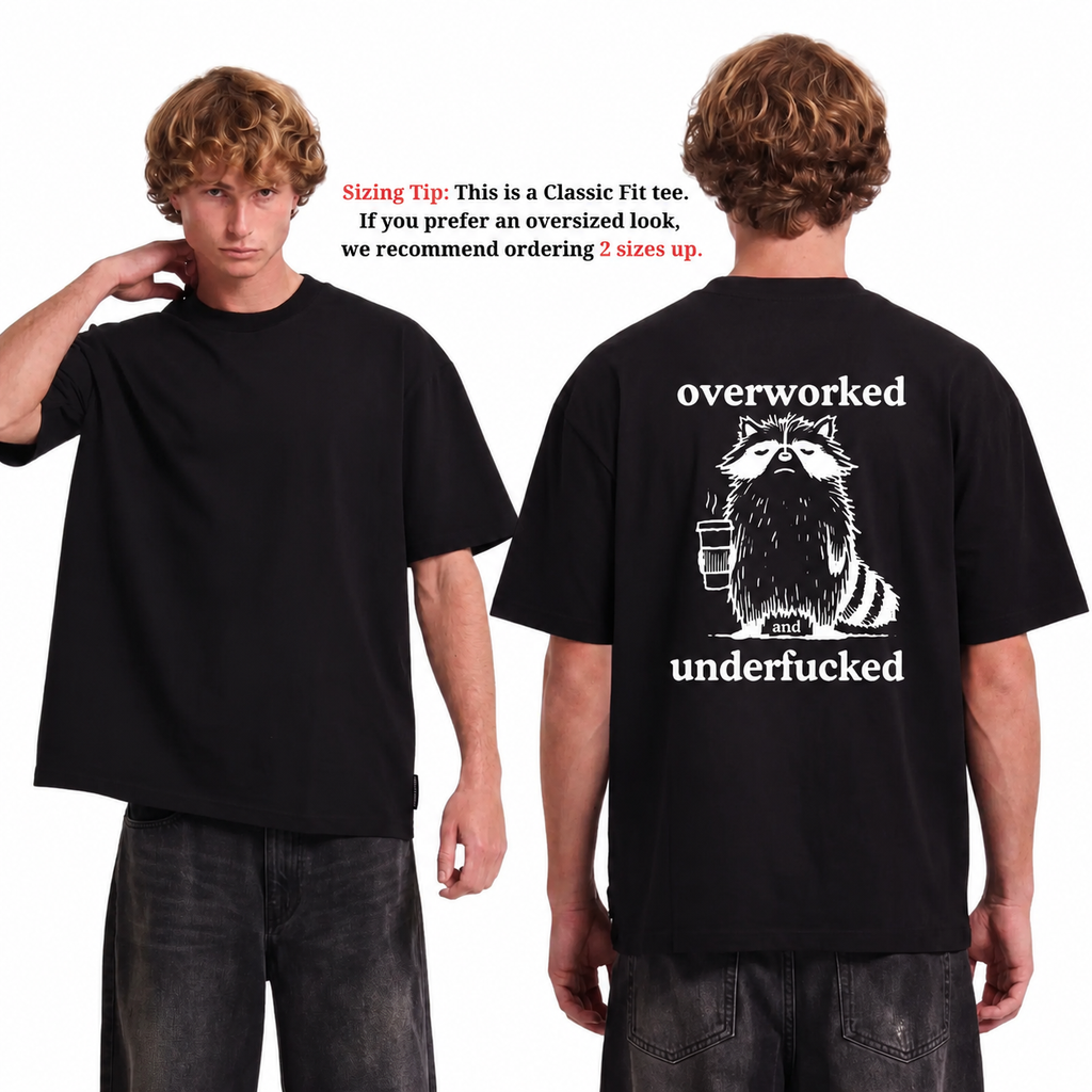 Funny Overworked Raccoon Graphic T-Shirt | Unisex Coffee Lover Humor Tee