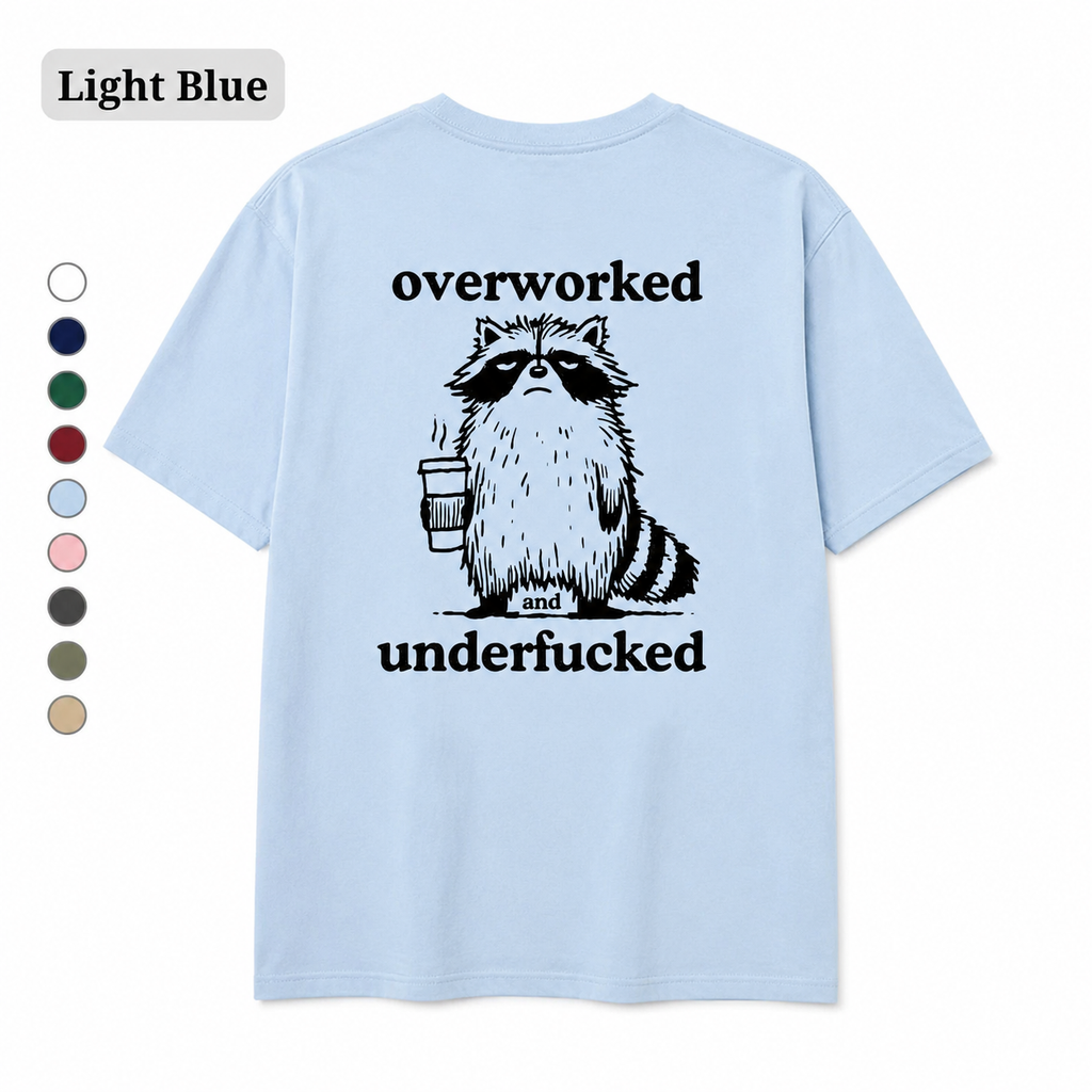 Funny Overworked Raccoon Graphic T-Shirt | Unisex Coffee Lover Humor Tee