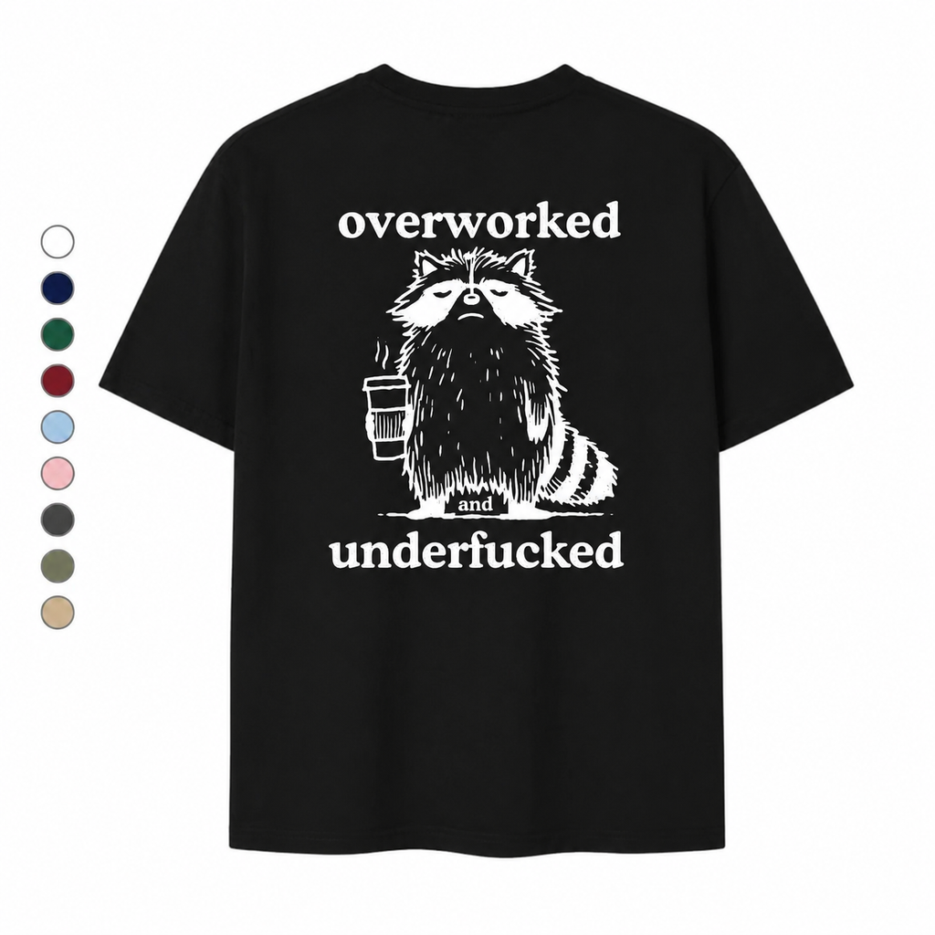 Funny Overworked Raccoon Graphic T-Shirt | Unisex Coffee Lover Humor Tee