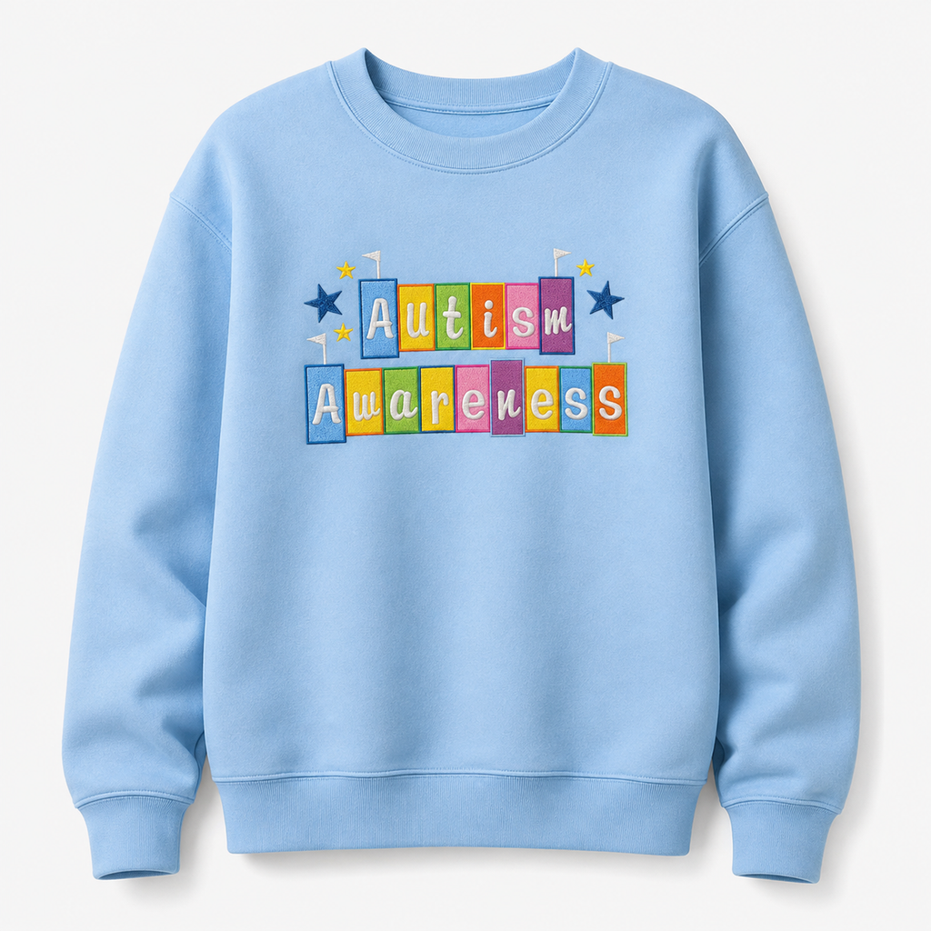 Autism Awareness custom colorful embroidered crewneck