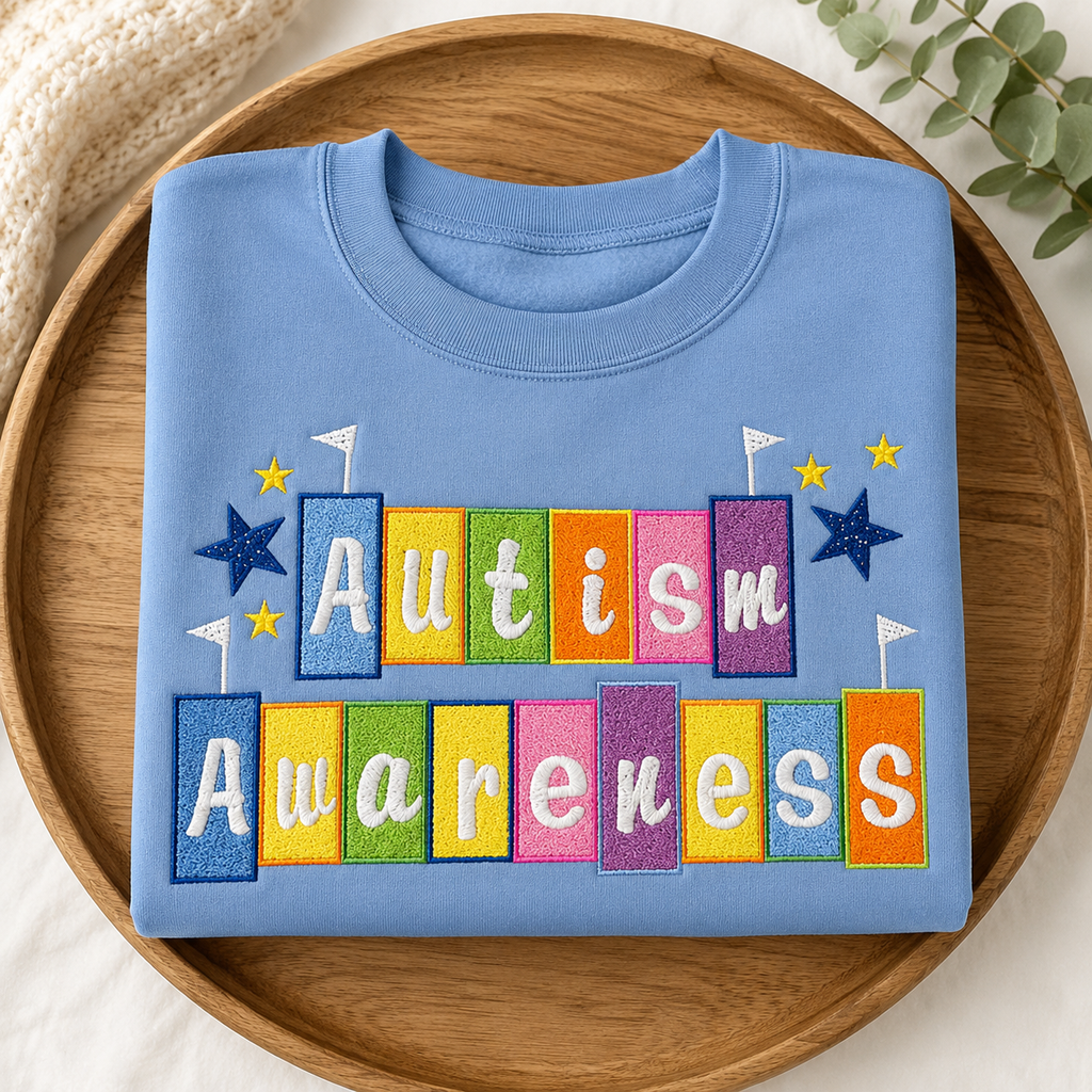 Autism Awareness custom colorful embroidered crewneck