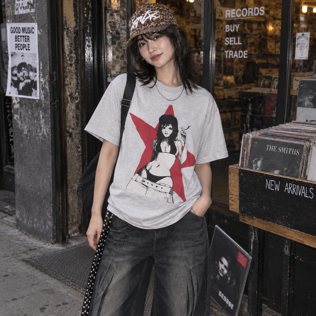 Cyberpunk Red Star Vintage Tee, Anime Girl T-Shirt