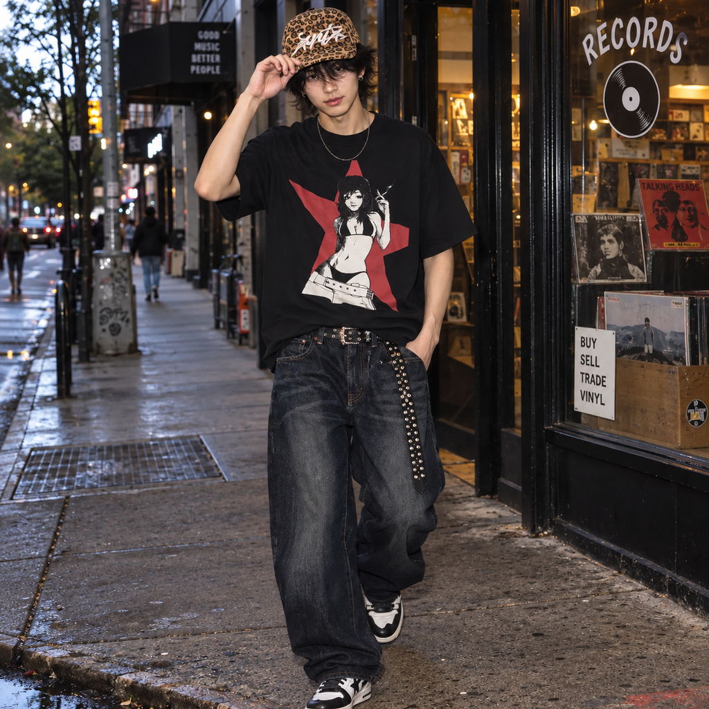 Cyberpunk Red Star Vintage Tee, Anime Girl T-Shirt