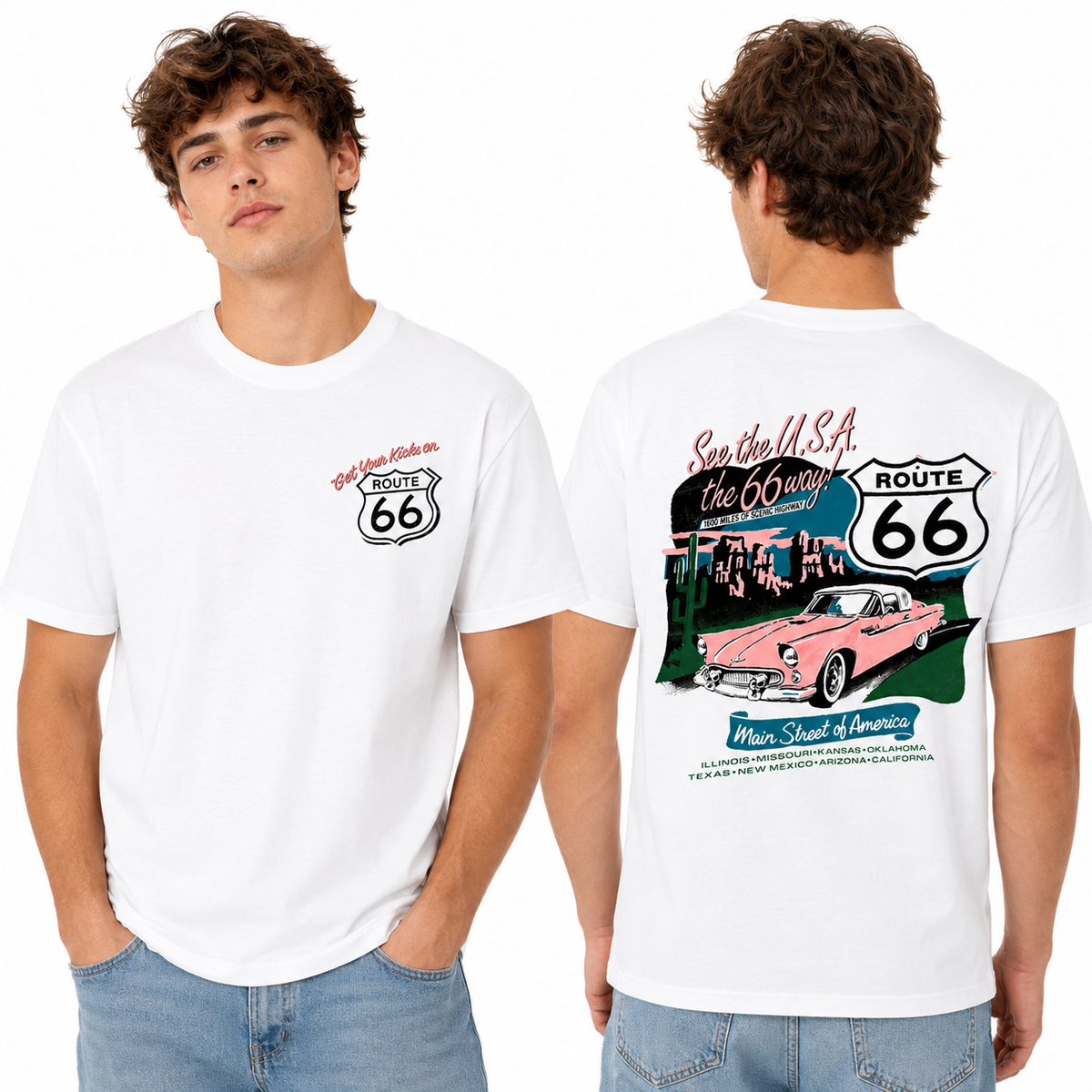 Route 66 T-Shirt - Classic Car Graphic Tee