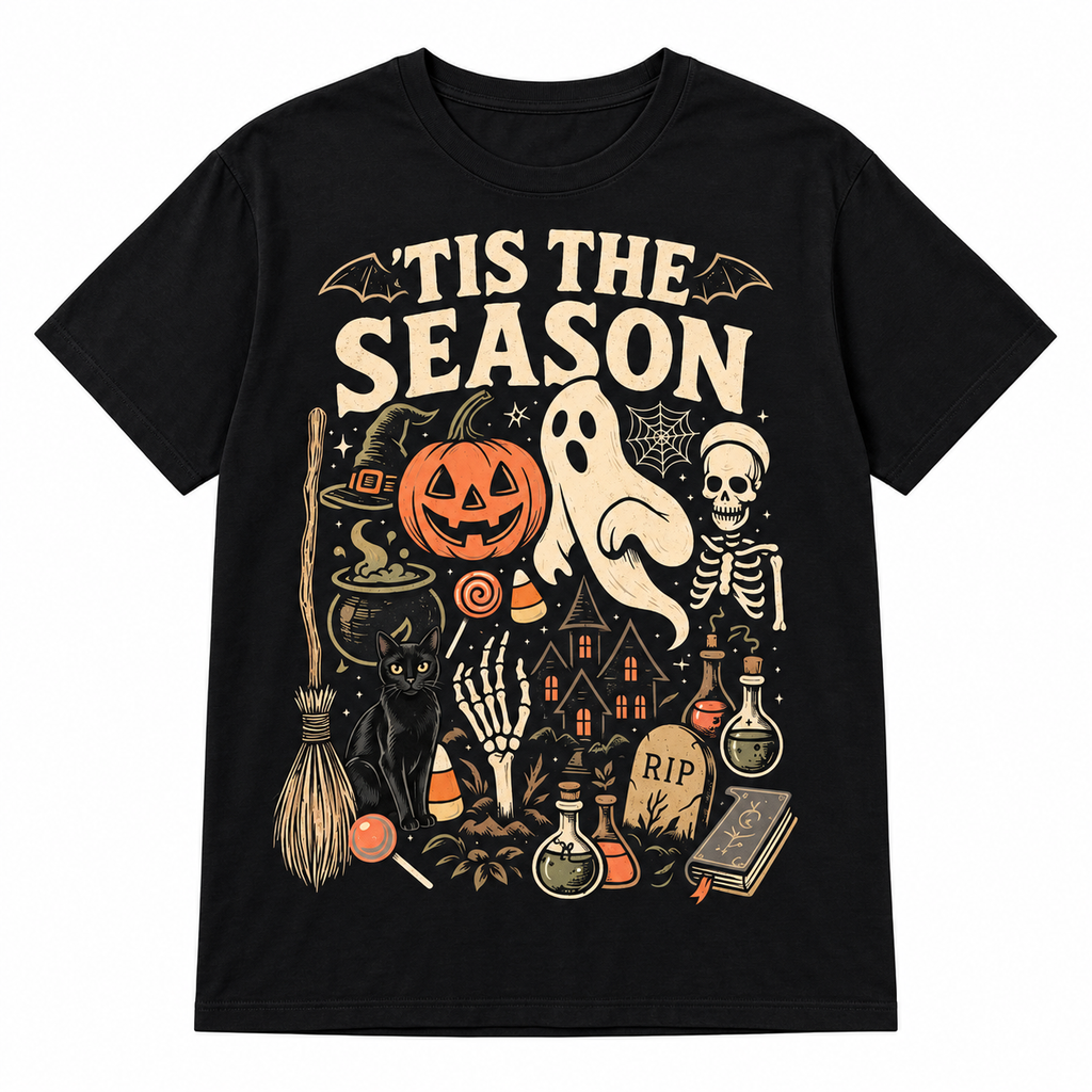Tis The Season Halloween Shirt, Ghost Pumpkin Black Cat Graphic Tee