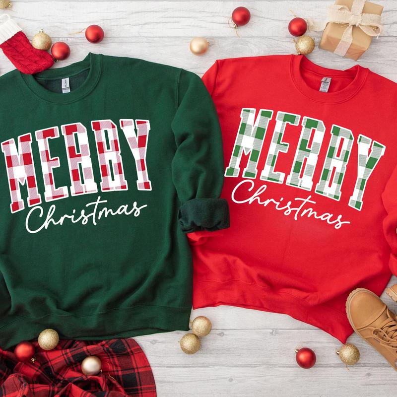 Merry Christmas Sweatshirt Buffalo Plaid Sweater, Christmas Family crewneck