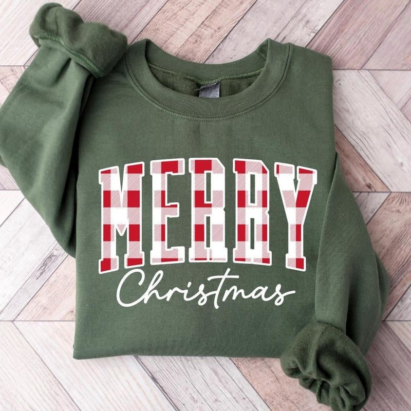 Merry Christmas Sweatshirt Buffalo Plaid Sweater, Christmas Family crewneck