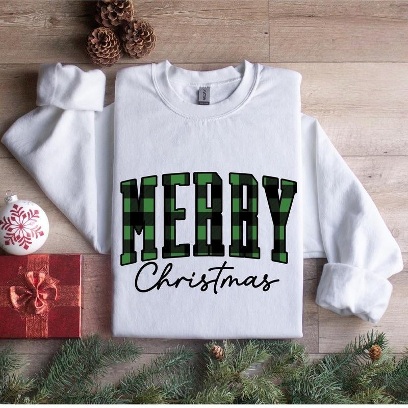 Merry Christmas Sweatshirt Buffalo Plaid Sweater, Christmas Family crewneck