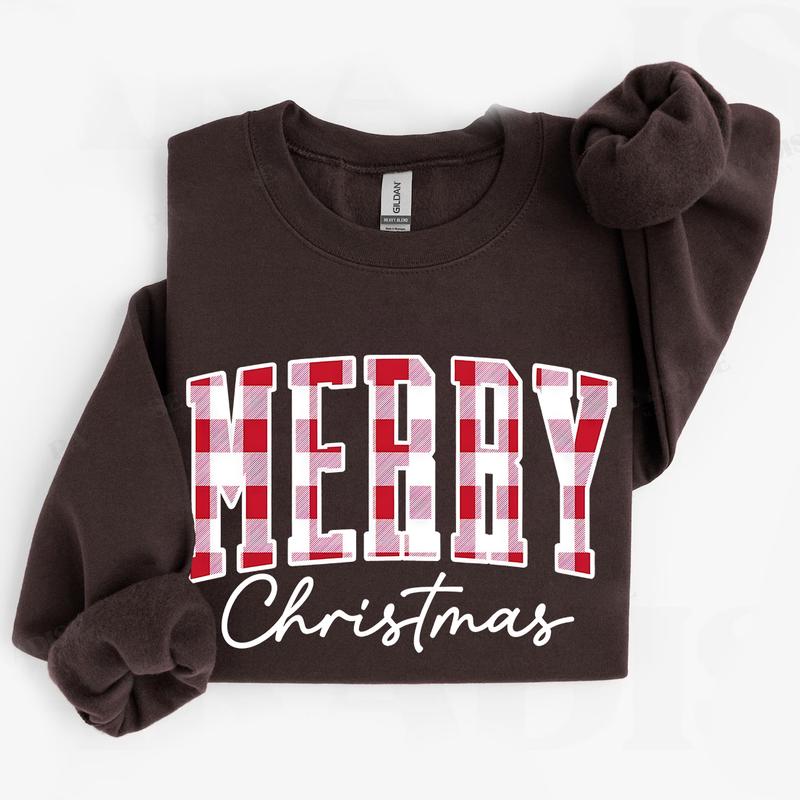 Merry Christmas Sweatshirt Buffalo Plaid Sweater, Christmas Family crewneck
