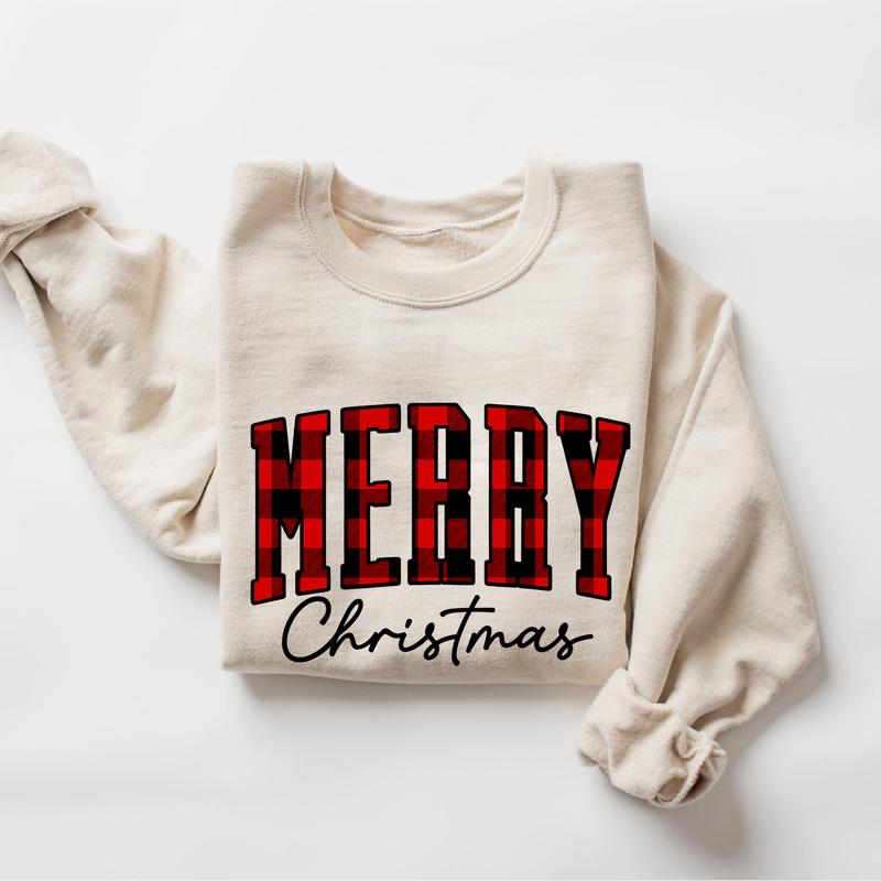 Merry Christmas Sweatshirt Buffalo Plaid Sweater, Christmas Family crewneck