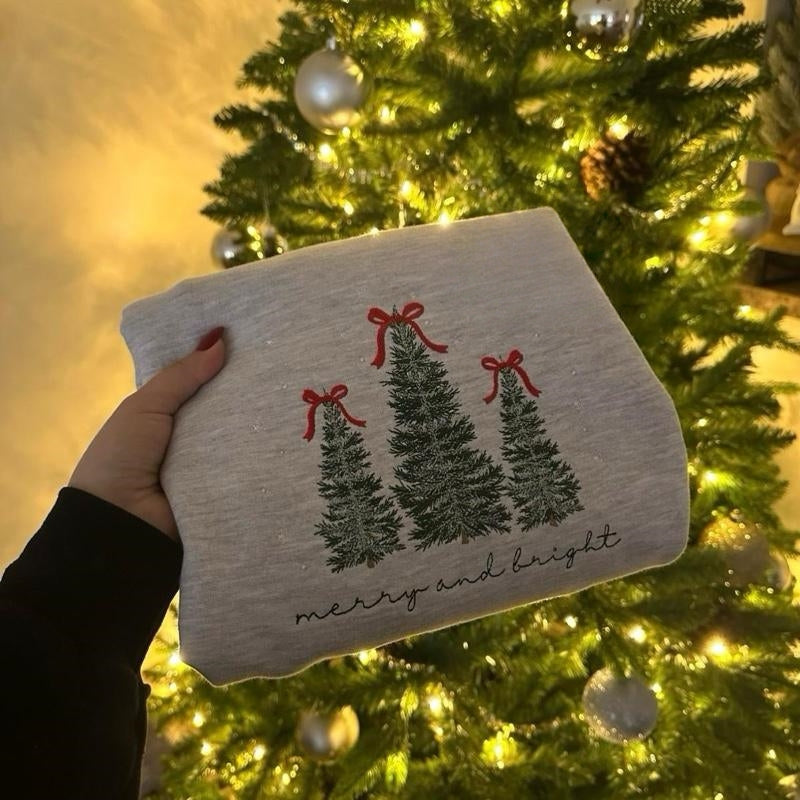 Merry & Bright Christmas Tree Embroidered Sweatshirt Festive Embroidery Pullover Crewneck