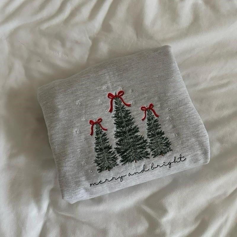 Merry & Bright Christmas Tree Embroidered Sweatshirt Festive Embroidery Pullover Crewneck