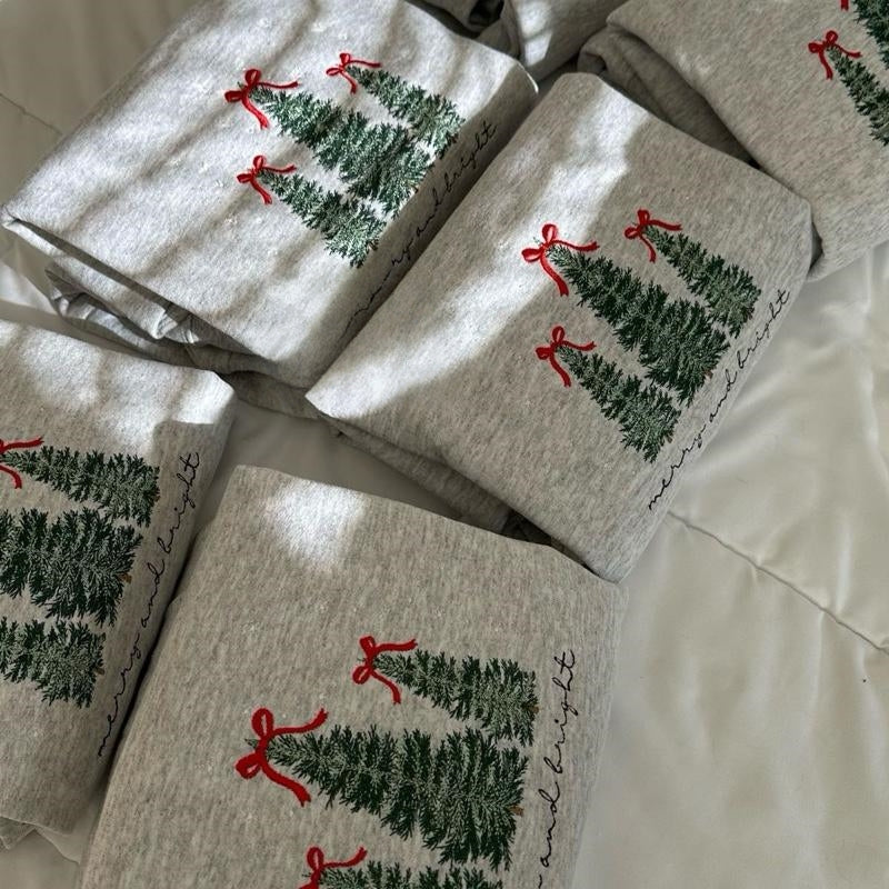 Merry & Bright Christmas Tree Embroidered Sweatshirt Festive Embroidery Pullover Crewneck