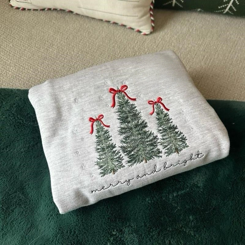 Merry & Bright Christmas Tree Embroidered Sweatshirt Festive Embroidery Pullover Crewneck