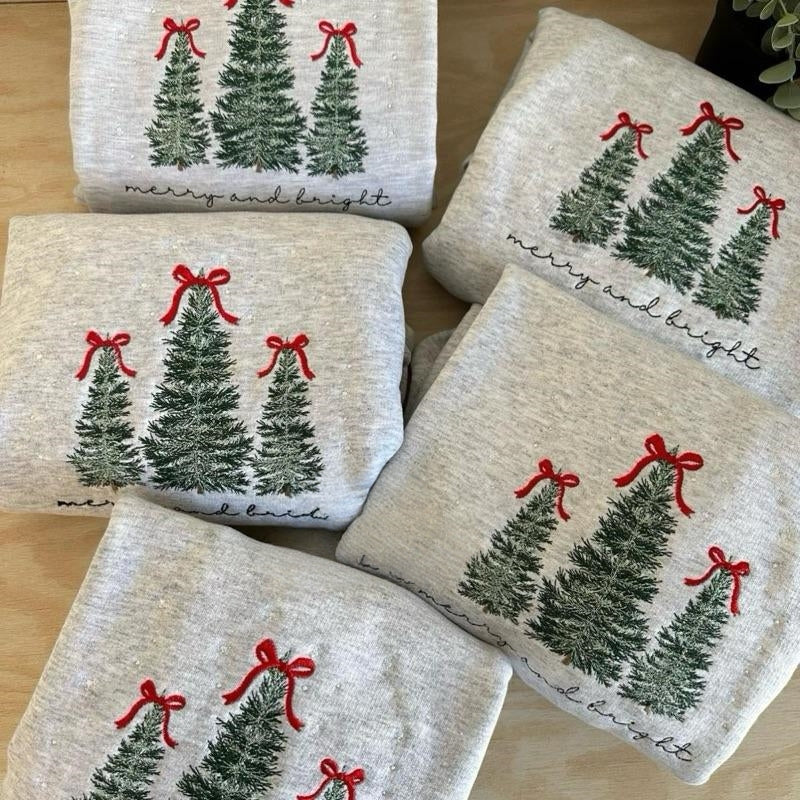 Merry & Bright Christmas Tree Embroidered Sweatshirt Festive Embroidery Pullover Crewneck