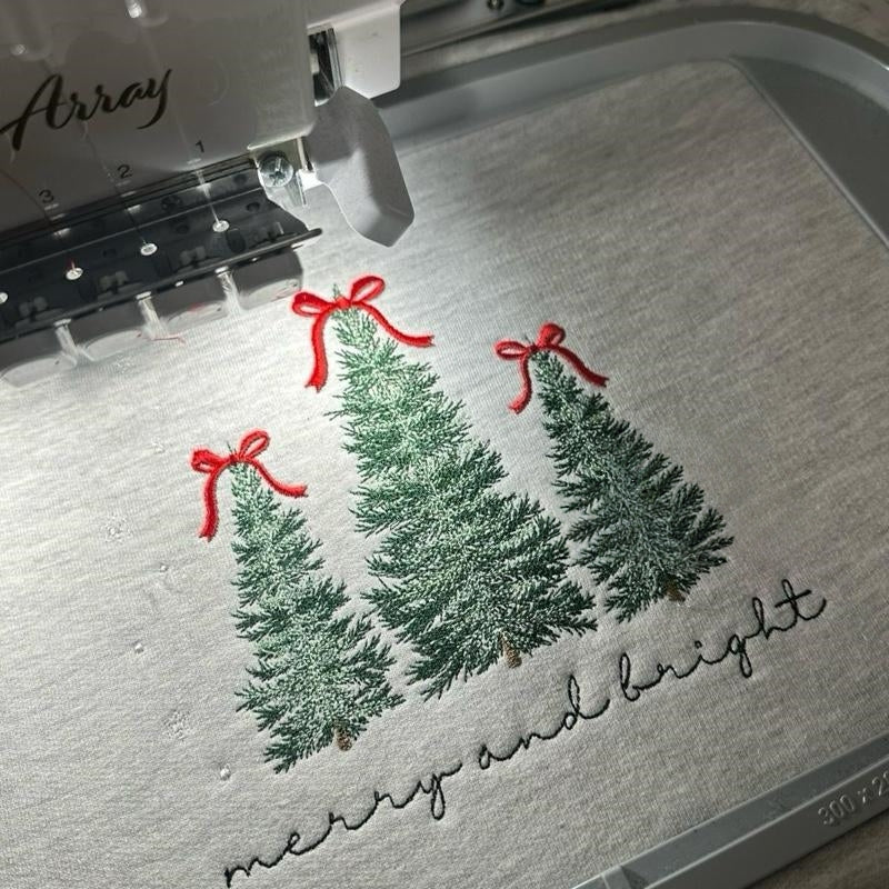 Merry & Bright Christmas Tree Embroidered Sweatshirt Festive Embroidery Pullover Crewneck