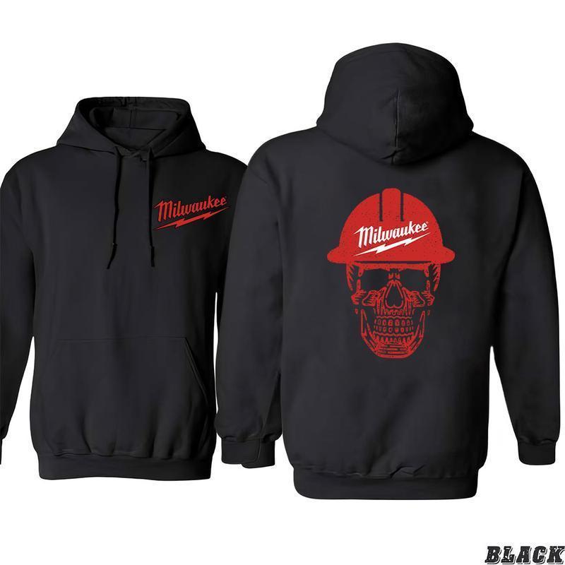 Milwaukee Tool Hoodie – Pullover with Red Hard Hat Skull Design