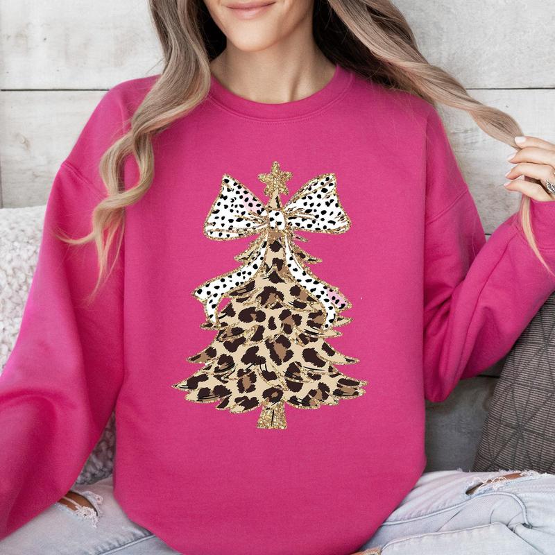 Leopard Print Christmas Tree, Dalmatian Bow, Santa, Cute, Girly Sweatshirt, Crew Neck, Women's, Crewneck