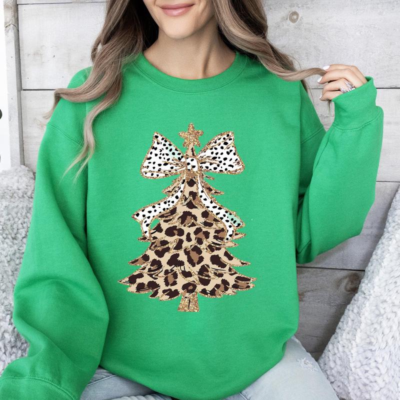 Leopard Print Christmas Tree, Dalmatian Bow, Santa, Cute, Girly Sweatshirt, Crew Neck, Women's, Crewneck