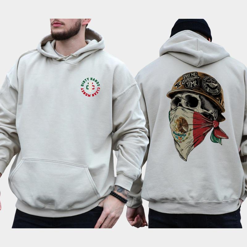 Dirty Hands Clean Money Skull Mexican Flag Face Mask Hoodie, Blue Collar Men's Graphics Hoodie