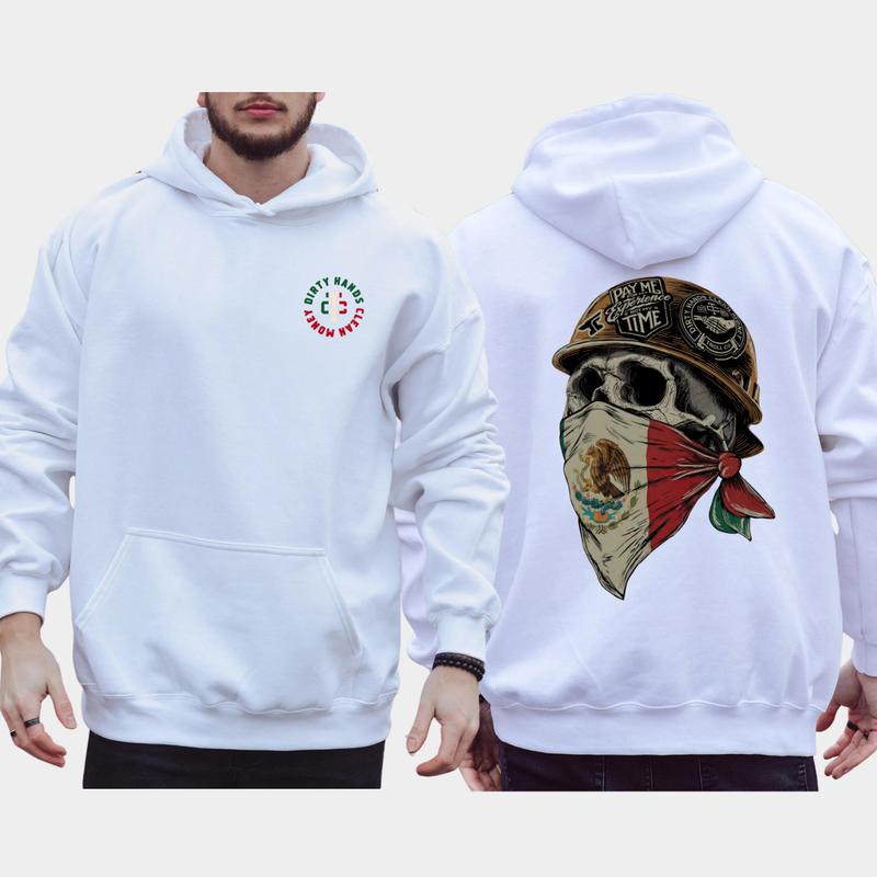 Dirty Hands Clean Money Skull Mexican Flag Face Mask Hoodie, Blue Collar Men's Graphics Hoodie
