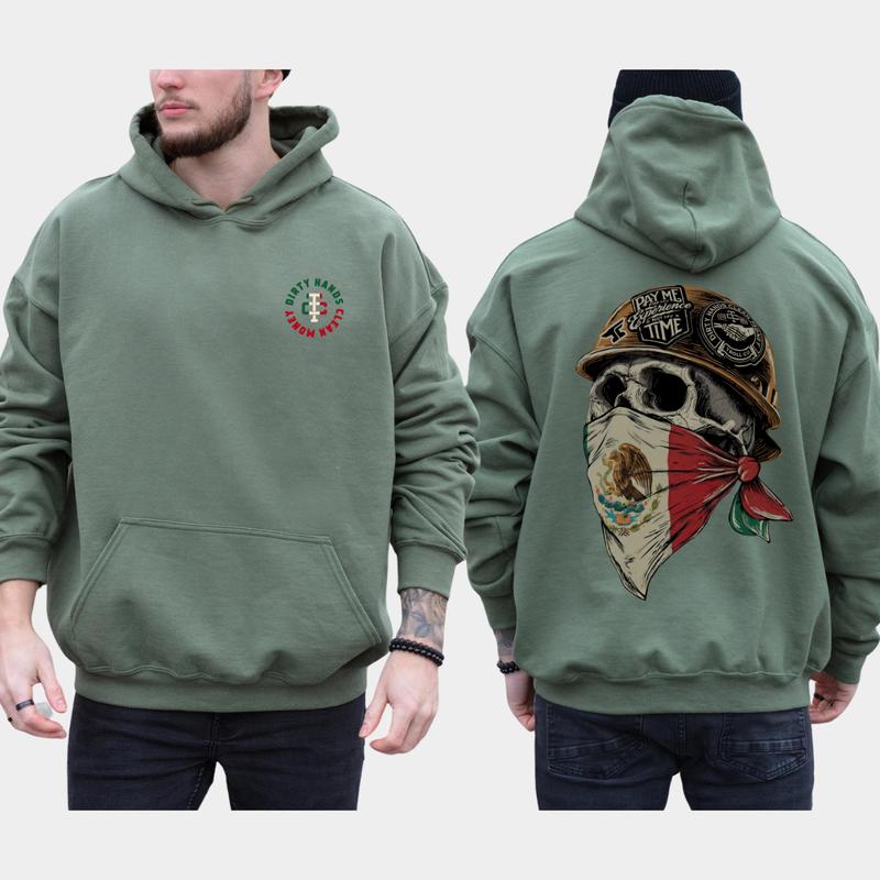 Dirty Hands Clean Money Skull Mexican Flag Face Mask Hoodie, Blue Collar Men's Graphics Hoodie