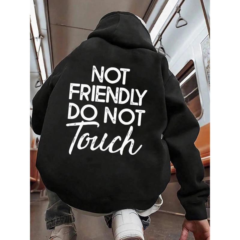 Not Friendly Do Not Touch Print, Men'S Casual Streetwear Hoodies, Comfy And Loose Hooded Pullover Top, Casual Streetwear, Fall Outfits