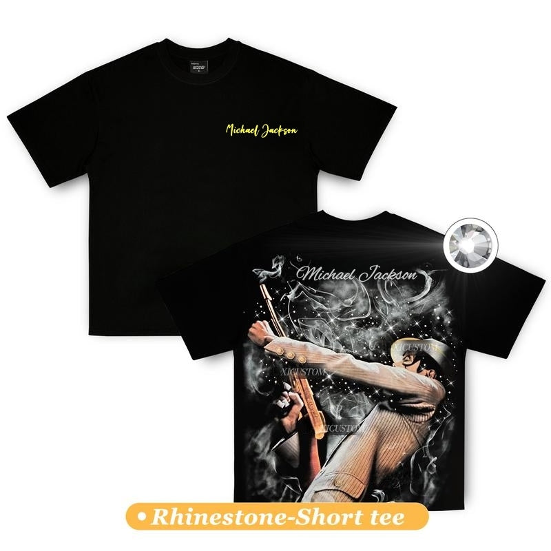 MJ Unisex Graphic T-Shirt, Rhinestone Hoodie, Casual Tee & Pullover Hooded Sweatshirt, Streetwear for Men & Women