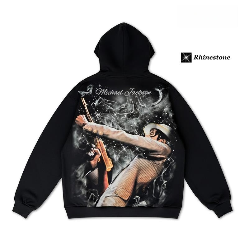 MJ Unisex Graphic T-Shirt, Rhinestone Hoodie, Casual Tee & Pullover Hooded Sweatshirt, Streetwear for Men & Women