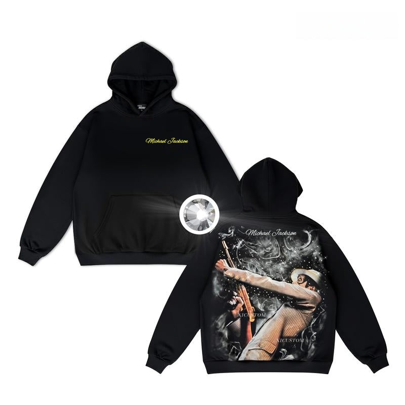 MJ Unisex Graphic T-Shirt, Rhinestone Hoodie, Casual Tee & Pullover Hooded Sweatshirt, Streetwear for Men & Women