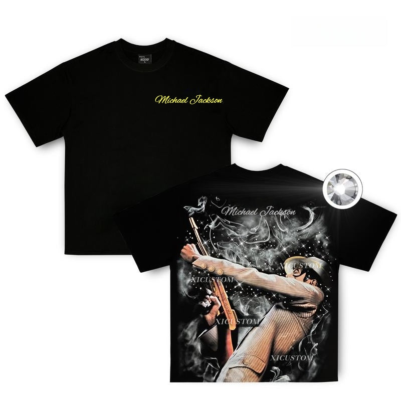 MJ Unisex Graphic T-Shirt, Rhinestone Hoodie, Casual Tee & Pullover Hooded Sweatshirt, Streetwear for Men & Women