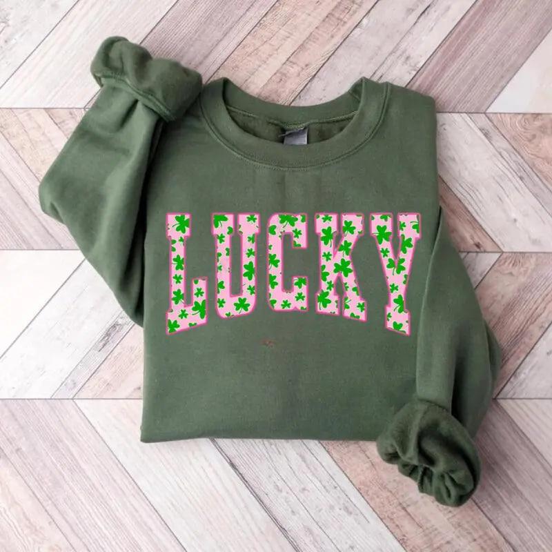 Lucky Clover sweatshirt with green shamrock design, perfect for St. Patrick’s Day, a cute Irish holiday sweatshirt combining festive style and cozy comfort.