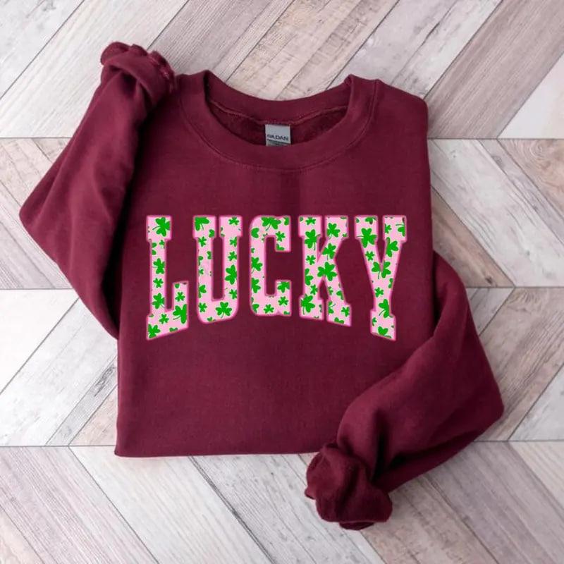 Lucky Clover sweatshirt with green shamrock design, perfect for St. Patrick’s Day, a cute Irish holiday sweatshirt combining festive style and cozy comfort.