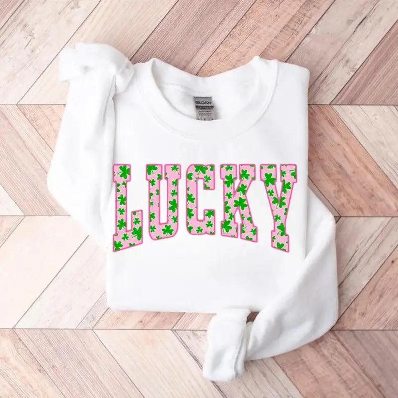 Lucky Clover sweatshirt with green shamrock design, perfect for St. Patrick’s Day, a cute Irish holiday sweatshirt combining festive style and cozy comfort.