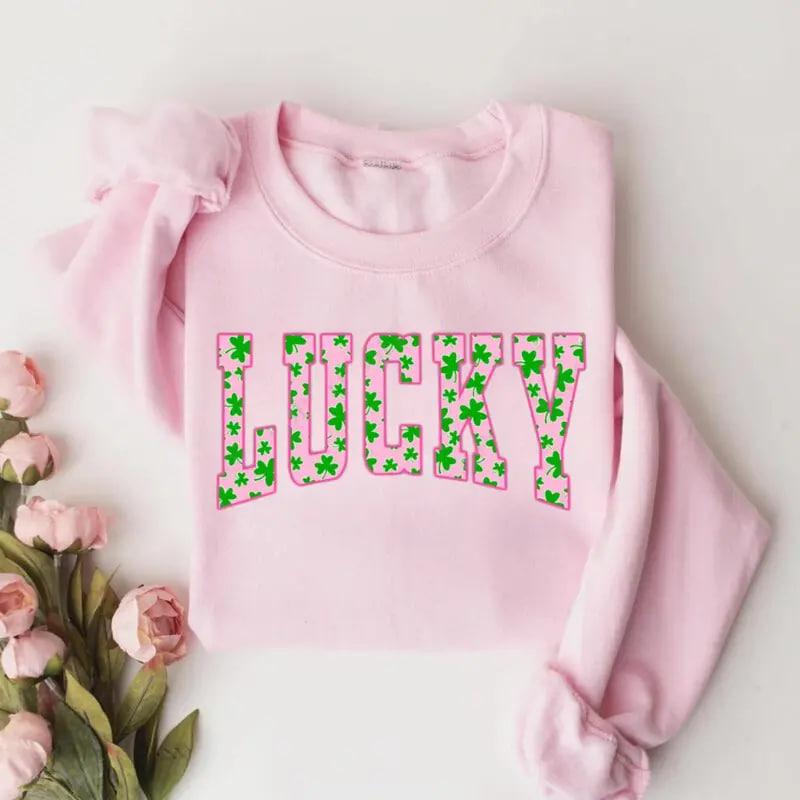 Lucky Clover sweatshirt with green shamrock design, perfect for St. Patrick’s Day, a cute Irish holiday sweatshirt combining festive style and cozy comfort.